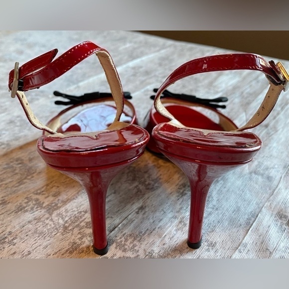 Amalfi (Italy) Red Patent Leather Black Bow Stiletto Slingback Heels 9 Narrow - Picture 4 of 9